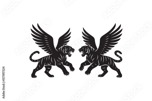 Tiger Run Back Two Wings twin Vector silhouette on white background.01