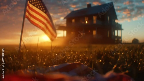 US flag at half mast in morning fog, soft cinematic light, empty field, slow motion wind, solemn tribute, realistic film style