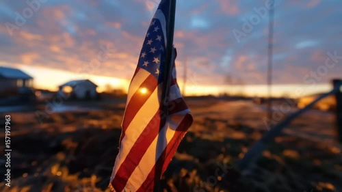 US flag at half mast in morning fog, soft cinematic light, empty field, slow motion wind, solemn tribute, realistic film style