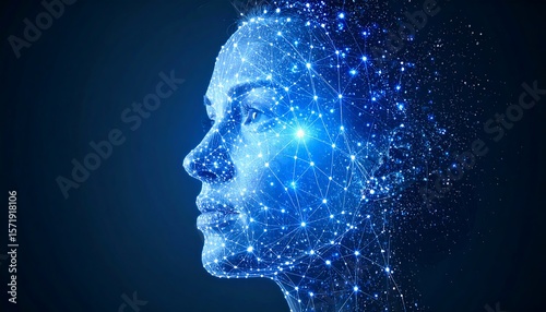 Female profile merges with digital network of glowing nodes