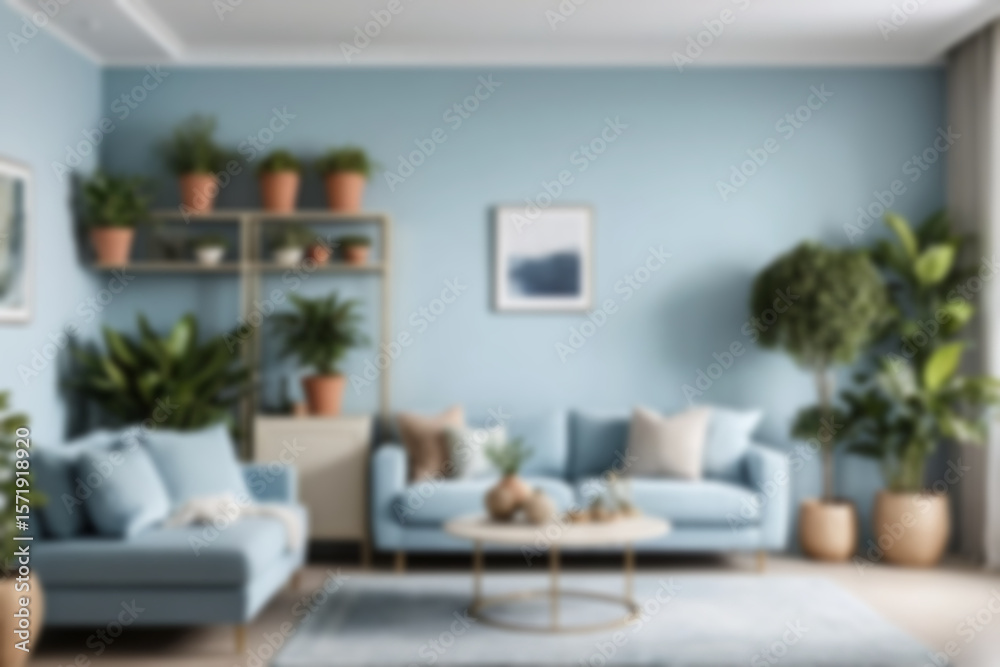 Fototapeta premium Blurry photo of modern living room interior with sofa and small plant pot, light blue color theme, blurry wallpaper.