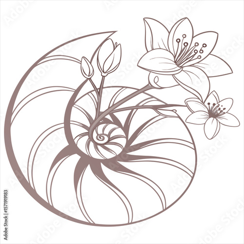 Elegant nautilus shell spiral with delicate blooming flowers and leaves