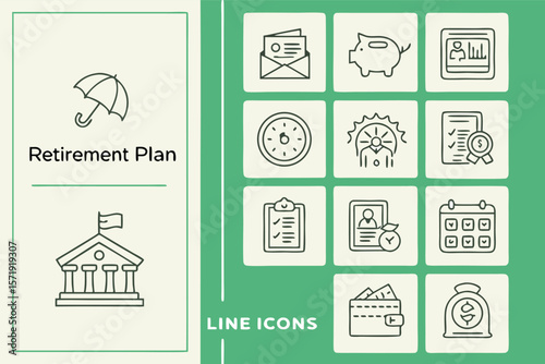Retirement Planning Line Icon Set  Minimal Vector Symbols for Finance, Savings & Future Goals