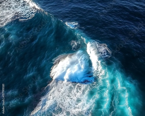 Spectacular aerial top view background photo of the ocean, sea water, white wave splashing in the deep sea. Drone photo backdrop of sea waves in a bird-eye view.