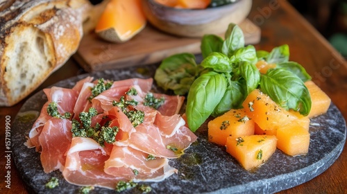 Cantaloupe and prosciutto appetizer is garnished with basil and pesto