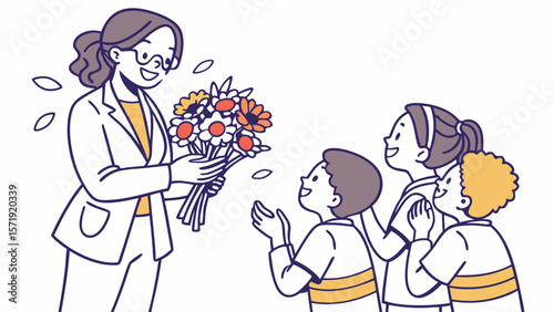 Smiling teacher receives a vibrant flower bouquet from appreciative students