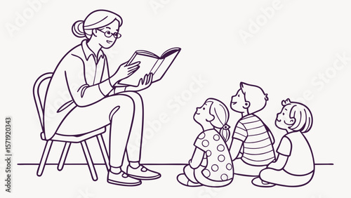 Teacher Reading Story to Children: Education and Learning Time Illustration