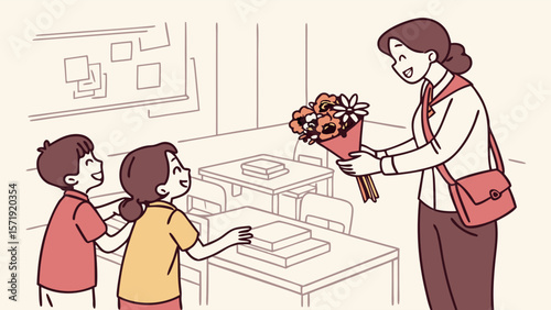 Students Presenting Flowers to Teacher in Classroom, Celebrating Gratitude and Education