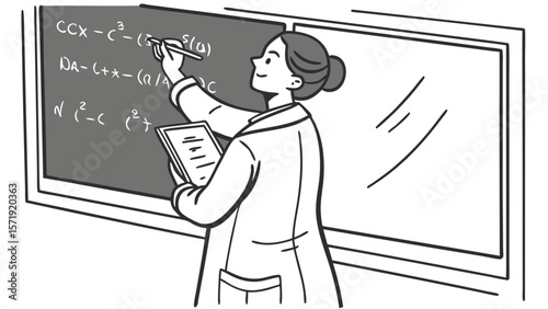 Female Scientist or Educator Writing Complex Equations on Blackboard. Science, Research, and Education Concept Illustration.