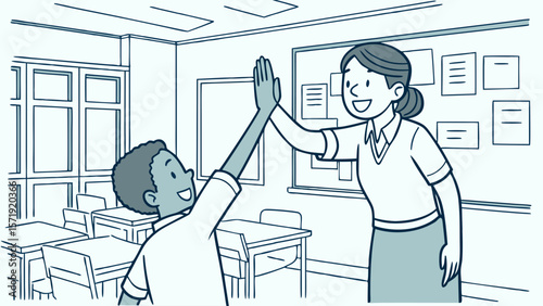 Happy Teacher and Student High-Fiving in Classroom - Educational Success & Encouragement
