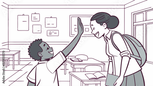 Happy Student High-Fives Teacher in Classroom Illustration