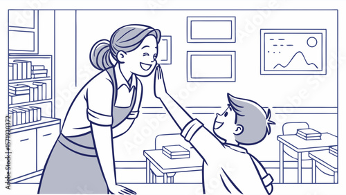 Teacher and student high-fiving in a classroom, celebrating learning and success