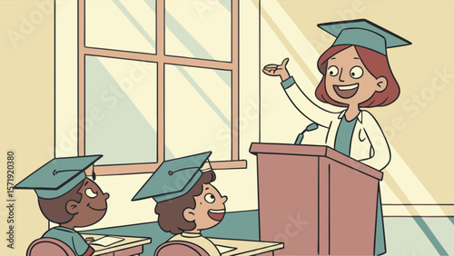 Graduation ceremony for children with a speaker at a podium, celebrating education and achievement.