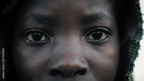 Close Up Portrait of Young Black Child with Wet Skin and Intense Eyes Looking at the Viewer with Natural Lighting
