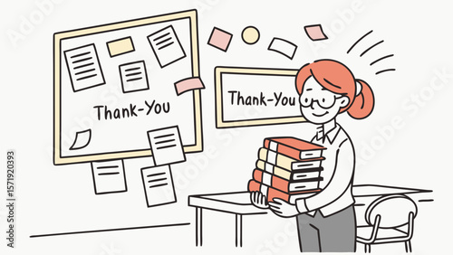 Smiling woman holding books next to a bulletin board with 'Thank You' notes. Education and gratitude concept.