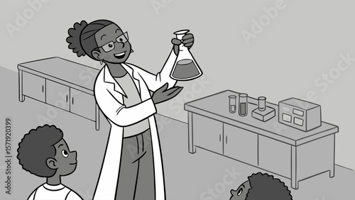 Female Scientist Demonstrates Chemistry Experiment to Engaged Students