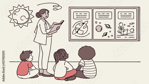 Teacher educating young students about space and nature illustration