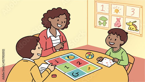 Teacher and diverse children learning numbers with an educational game in a cheerful classroom setting