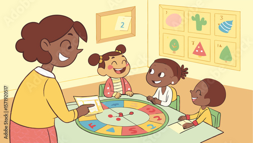 Happy teacher and diverse children playing an educational board game, promoting fun learning and interaction in a bright classroom.