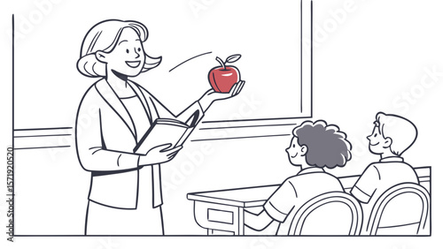 Teacher with apple and book educating students in a classroom setting illustration