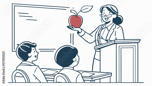 Teacher educating students about health and growth with an apple in a classroom illustration