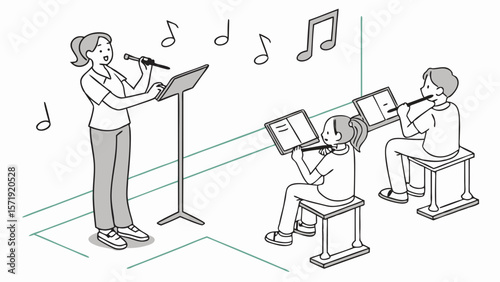 Music Education Class: Adult Instructor Singing with Microphone, Children Playing Flutes from Sheet Music, Musical Notes