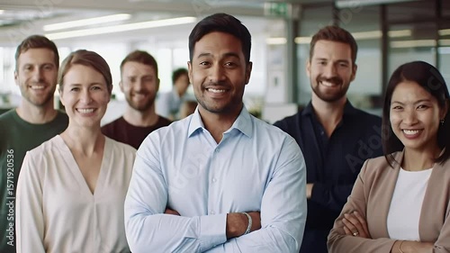Diverse Professionals Smiling Confidently Together in Modern Office Environment