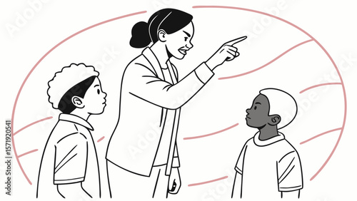 Adult scolding two children, pointing finger sternly. Discipline, conflict, and admonishment concept illustration.