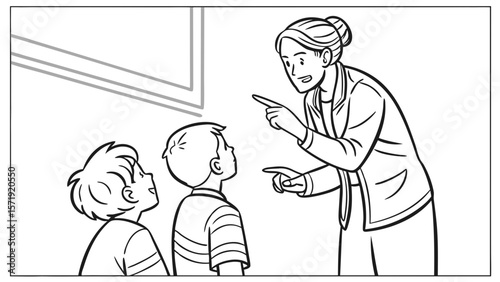 Teacher Guiding Young Students: Educational Interaction Line Art