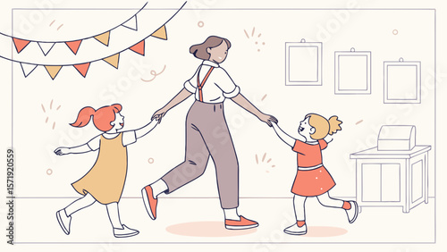 Joyful adult and two happy children playing indoors with festive decorations, celebrating and having fun