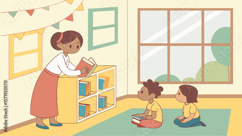Teacher reading storybook to young diverse students in a bright, decorated classroom setting. Early childhood education and learning concept.