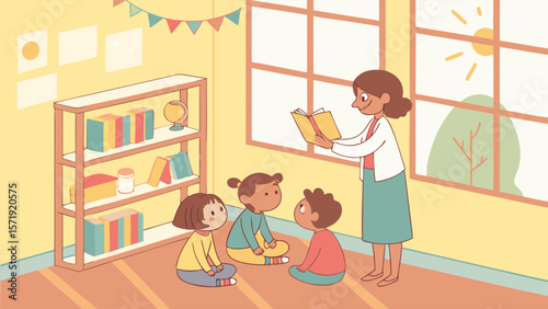 Teacher Reading Storybook to Young Children in Bright Classroom Setting Illustration