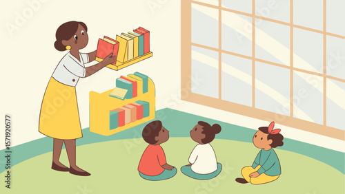 Teacher Arranging Books for Diverse Young Children in a Classroom Setting