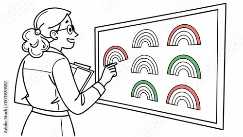 Female professional analyzing data visualization with progress indicators on a whiteboard, line art illustration