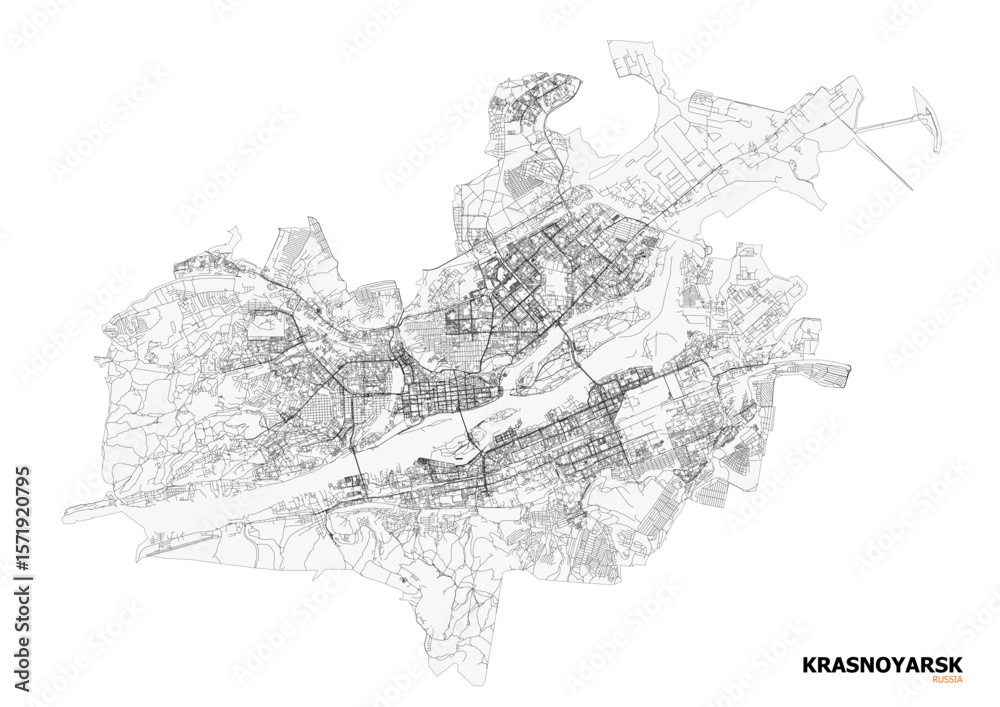 Fototapeta premium A monochrome vector map of Krasnoyarsk, highlighting highways