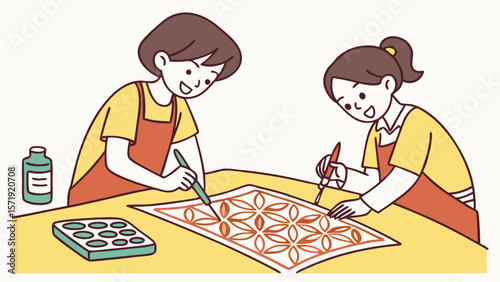Two people creating art and crafts, painting and drawing geometric patterns with joy in a hands-on workshop activity.