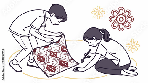 Children Learning Traditional Textile Art and Craft: Kids Creating Cultural Fabric Patterns