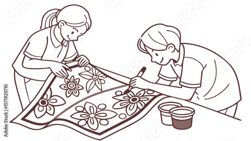 Line art illustration of two people engaged in a fabric painting or textile art craft project with floral designs.