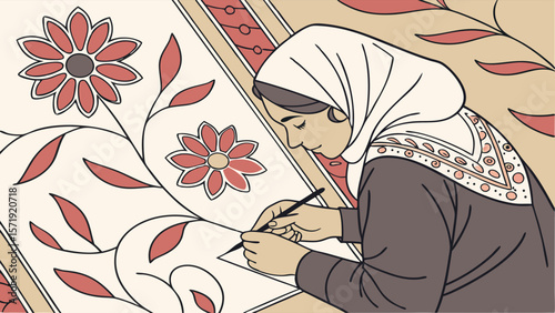 Woman in hijab meticulously drawing intricate traditional floral patterns, symbolizing cultural art and craftsmanship. Detailed design.