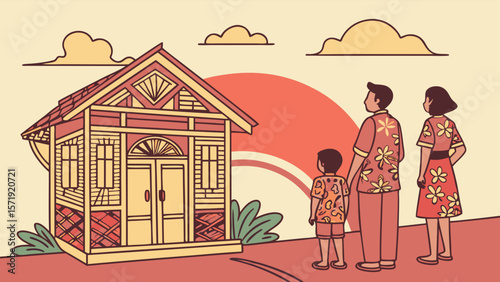 Family in tropical attire admiring a traditional house at sunset, symbolizing home, dreams, or vacation.