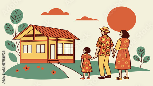Family looking at their dream house illustration. Homeownership, real estate, and happy family life concept.