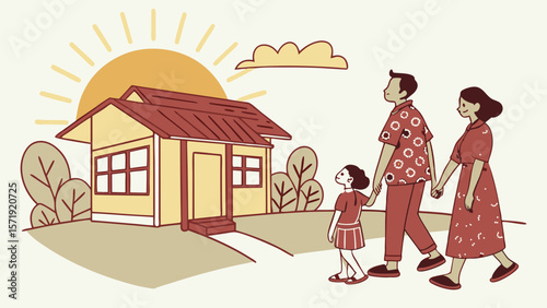 Happy Family Walking Towards Their New Home at Sunrise, Representing Dream Home and Bright Future