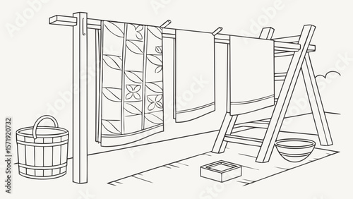 Line Art Illustration: Traditional Outdoor Laundry Drying Rack with Towels, Bucket, and Bowl