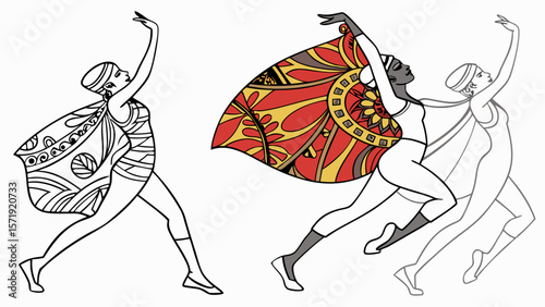 Elegant Stylized Women Dancing with Decorative Capes Illustration. Art Deco Inspired Figures in Dynamic Motion.
