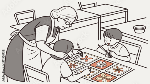 Creative learning: adult guiding children in painting decorative tiles in an art class setting.