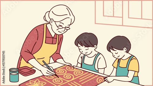 Grandmother and Children Learning Traditional Art & Craft. Intergenerational Bonding Through Creative Activity.