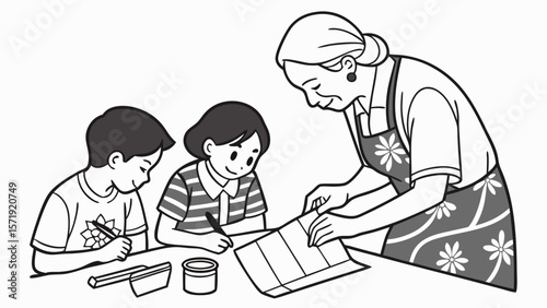 Grandparent and Kids Learning: Black and White Line Art of Crafting and Education