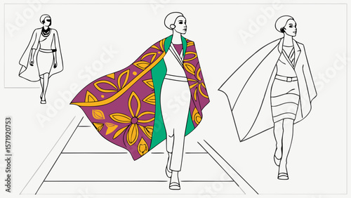 Fashion illustration of models on a runway, highlighting a vibrant, patterned cape design.