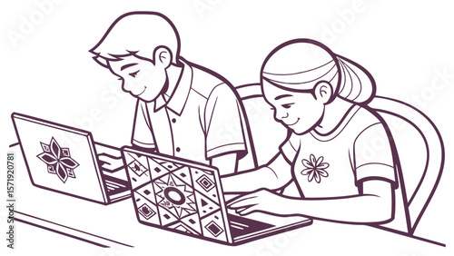 Black and white illustration of two young students using laptops for digital learning and homework