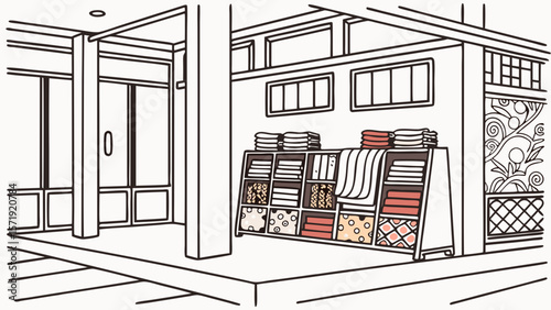 Minimalist Line Art Illustration of a Shop Interior with Shelves Displaying Folded Textiles and Fabric Goods